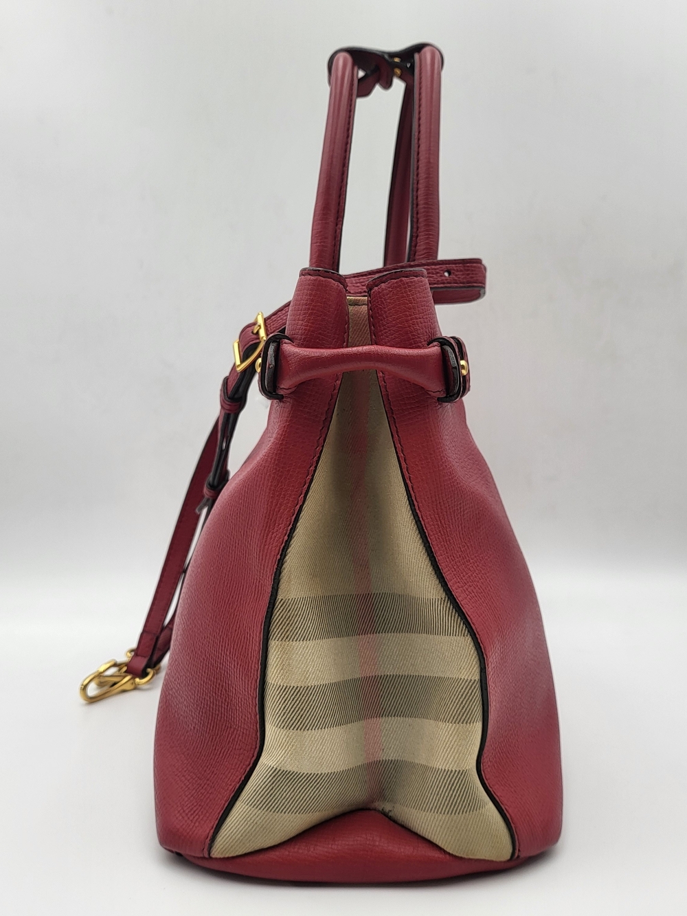 BURBERRY Grainy Calfskin House Check Medium Banner Tote Red, Auth w/COA. - Picture 2 of 16